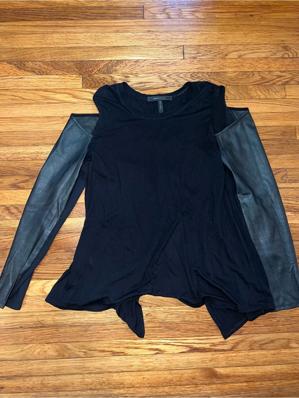 BCBG Maxazria Black Cold-Shoulder Long Sleeve Top with Faux Leather Sleeves